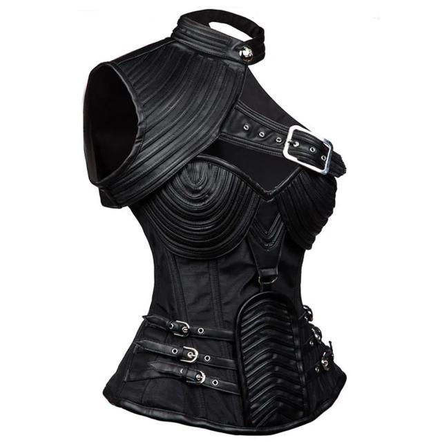 ショルダーガード付きブラックレザースーツ コルセット S M L 黒色 皮 革 ボディースーツ コスプレ 衣装 補正下着 コスチューム SM嬢風 ボンデージ 大人 ハロウィン 仮装 ドレス 拘束具 レースアップ ベスト ビスチェ ウエスト 鎧 甲冑 肩当 肩当て レディース 女性 変装_5