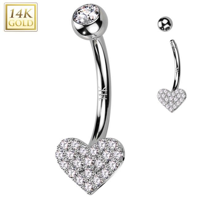 [14K 刻印あり K14 ホワイトゴールド ボディピアス] 14金 パベクリスタルハート へそピアス 1個販売 キラキラ パヴェ ジュエル ストーン 石付き キュービックジルコニア 14G 14ゲージ ヘソピアス 臍ピアス レディース プレゼント 女性 母の日 ママ 高級 大人カワイイ 白金