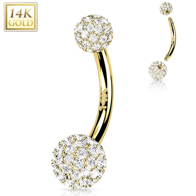 [14K 刻印あり K14 イエローゴールド ボディピアス] 14金 パベクリスタルボール へそピアス 1個販売 キラキラ パヴェ ジュエル ストーン 石付き キュービックジルコニア 14G 14ゲージ ヘソピアス 臍ピアス レディース プレゼント 女性 母の日 ママ シンプル プレーン