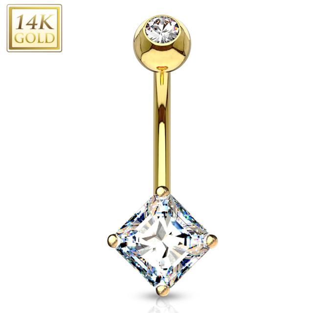 [14K 刻印あり K14 イエローゴールド ボディピアス] 14金 スクエアクリスタル へそピアス 1個販売 キラキラ ジュエル ストーン 石付き キュービックジルコニア 14G 14ゲージ ヘソピアス 臍ピアス レディース プレゼント 女性 母の日 ママ シンプル 四角形