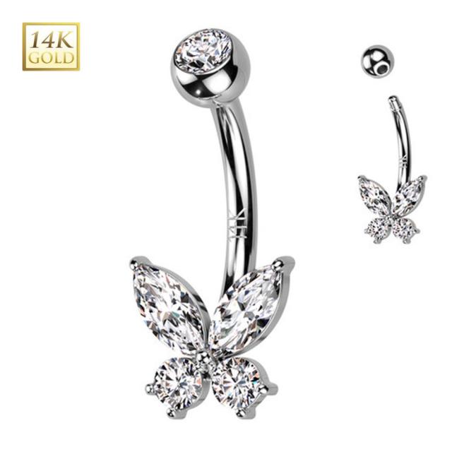 [14K 刻印あり K14 ホワイトゴールド ボディピアス] 14金 クリスタルバタフライ へそピアス 1個販売 キラキラ 蝶 チョウ ジュエル ストーン 石付き キュービックジルコニア 14G 14ゲージ ヘソピアス 臍ピアス レディース プレゼント 女性 母の日 ママ 高級 大人カワイイ 白金
