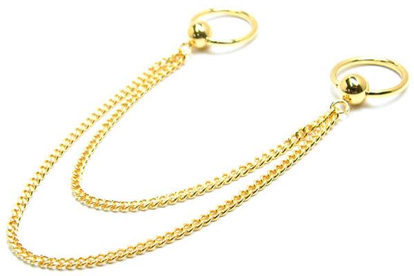 ［ 14G 金メッキ ］ ダブル 2本 ゴールドチェーン ボディピアス キャプティブビーズリング x キャプティブリング 14ゲージ ボディーピアス メンズ レディース 軟骨 耳 鼻 口 乳首 チェーンピアス サージカルステンレス316L つなぐ インダストリアル 繋ぐ 金色