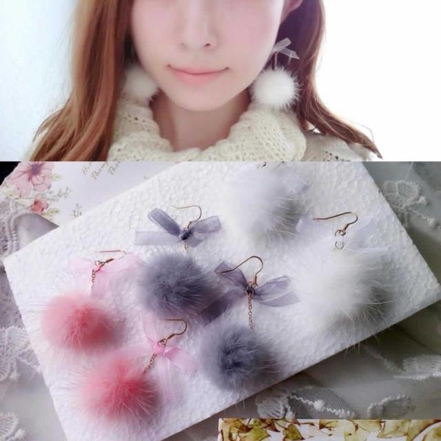 リボンファーステンレスピアス/1個販売 片耳販売 冬のピアス ミンク