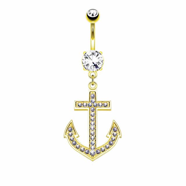 [14K 刻印あり K14 イエローゴールド ボディピアス] 14金 アンカークリスタル へそピアス 14G 14g 14ゲージ ボディーピアス ヘソピアス 臍ピアス メンズ レディース キュービックジルコニア プレゼント 誕生日 記念日 クリスマス 高級 刻印付き イカリ 錨 碇 マリン 船_1