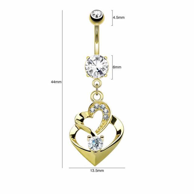 [14K 刻印あり K14 イエローゴールド ボディピアス] 14金 ダブルハートクリスタル へそピアス 14G 14g 14ゲージ ボディーピアス ヘソピアス 臍ピアス メンズ レディース キュービックジルコニア プレゼント 誕生日 記念日 クリスマス 高級 刻印付き オープンハート 2個_2