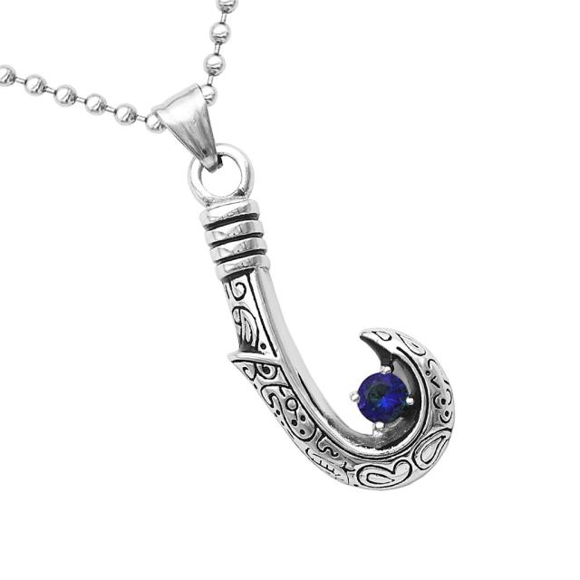 サファイアジュエルトライバルフックステンレスネックレス(50cmのステンレスチェーン付き) ボールチェーン ネックレスチェーンつき ペンダントトップ サージカルステンレス316L メンズ レディース チョーカー 首飾り 3D 釣針 フィッシュフック 釣り針 ジルコニア ブルー