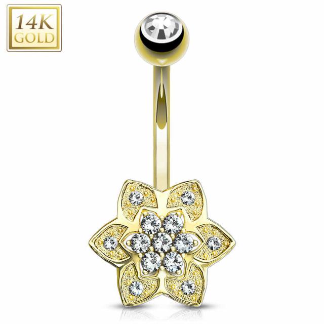 [14K 刻印あり K14 イエローゴールド ボディピアス] 14金 ロータスフラワークリスタル へそピアス 14G 14g 14ゲージ ボディーピアス ヘソピアス 臍ピアス メンズ レディース キュービックジルコニア プレゼント 誕生日 記念日 クリスマス 高級 刻印 花 蓮の花 ハス 大きい_1