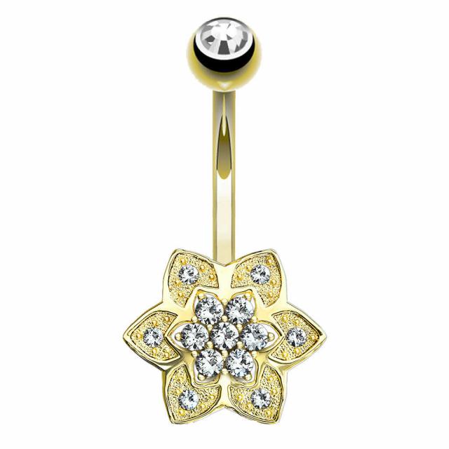 [14K 刻印あり K14 イエローゴールド ボディピアス] 14金 ロータスフラワークリスタル へそピアス 14G 14g 14ゲージ ボディーピアス ヘソピアス 臍ピアス メンズ レディース キュービックジルコニア プレゼント 誕生日 記念日 クリスマス 高級 刻印 花 蓮の花 ハス 大きい_2