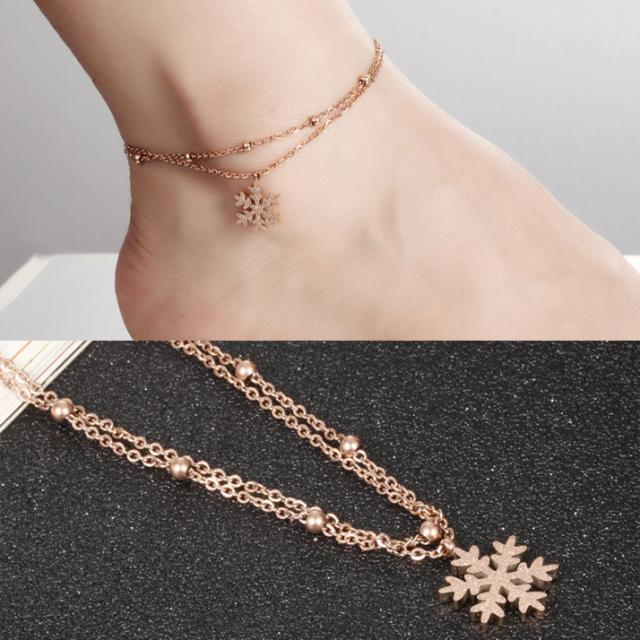 スノープリンセスステンレスアンクレット ピンクゴールド 雪の結晶 クリスマス スノークリスタル 2連 サージカルステンレス316L 高級 レディース ブレスレット 裸足 素足 足首 手首 フット 足輪 アクセサリー チェーン 入学式 パーティ 結婚式 卒業式 ウエディング 発表会の通販は