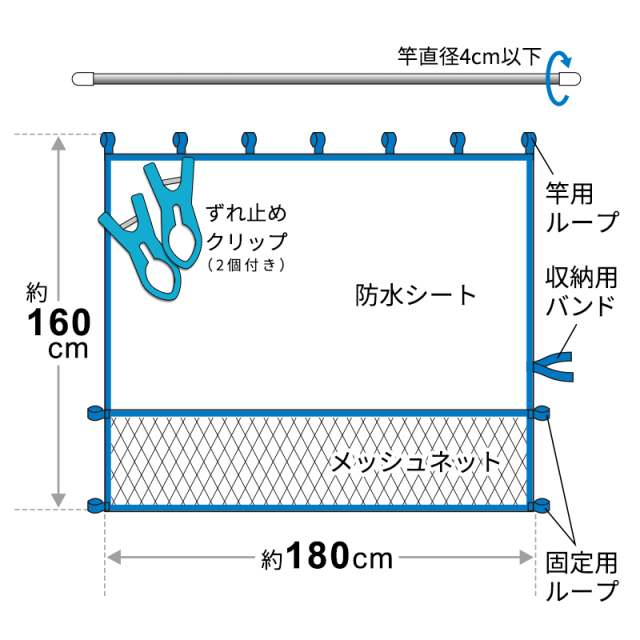 ベランダ 便利シート Lサイズ 180×160cm クリップ2個付 雨よけ 日よけ