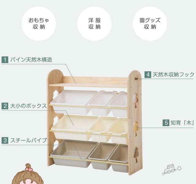 おもちゃ収納 ラック おもちゃ箱 天然木 子供部屋 大容量 おしゃれ ワイドタイプ 組立カンタン 絵本棚 天然木 おもちゃ収納ラック 幅88cm 本棚 こども キッズ 新生活 出産祝い プレゼント_1