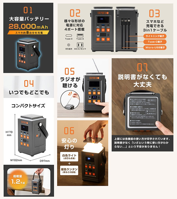 リン酸鉄バッテリー搭載 多機能ポータブル電源 ENEPORTA+3 プラススリー EPR-301 (送料無料) ポータブル電源 スマホ 充電 停電 USB ランタン 28,000mAh 懐中電灯 FMラジオ 非常用電源 ライフライン 防災用品 災害 防災グッズ アウトドア 旅行 軽量 クマザキエイム