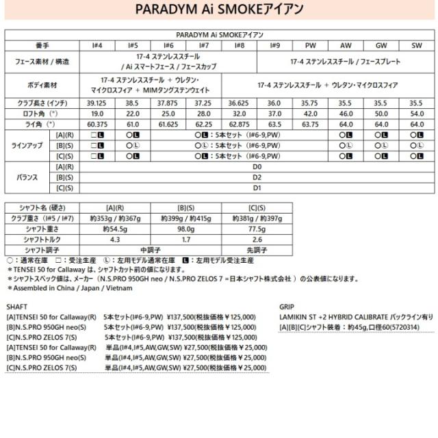 【送料無料】左用 キャロウェイ 2024年 PARADYM Ai SMOKE アイアン 単品 (Gw,Sw) 日本仕様 N.S.PRO 950GH neo(S) スチールシャフト レフティー Callaway 24 パラダイム Ai スモーク