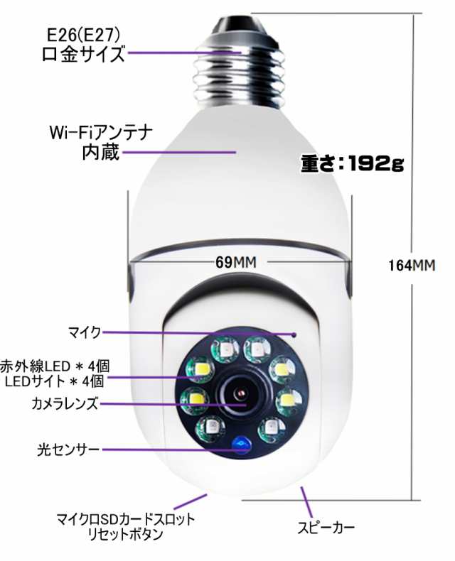 【送料無料・税込み】最新 電球 型 wi-fi 防犯 カメラ E26 E27 ソケット 口金 サイズ 天井 照明 ライト LED ネットワーク 遠隔  マイクロS｜au PAY マーケット