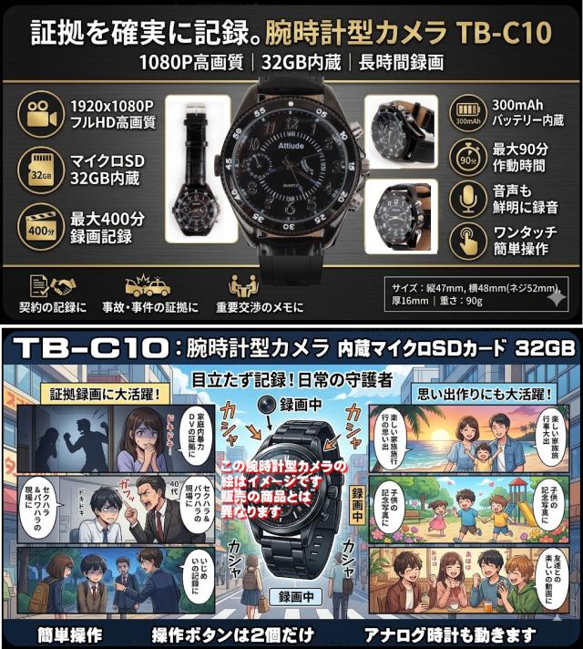 正規品 2026 TB-C10 腕時計型カメラ 32GB メモリ 内蔵 録画 録音 写真 