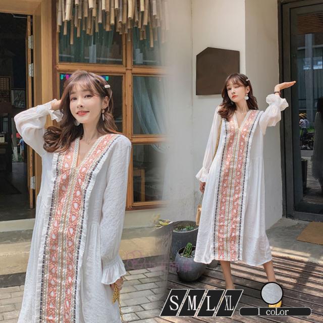 ロングワンピースレディース 白ワンピース リゾート 刺繍 ボヘミア風 Aライン ベルスリーブ Vネック 長袖 カジュアル 海デート お出かけ の通販はau Pay マーケット 中天商事