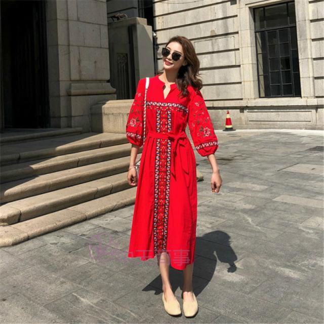 ワンピースレディース リゾート 刺繍 レトロ ロングワンピース Aラインワンピース バルーンスリーブ 七分袖 夏物 海 お遊び お出かけ 旅の通販はau Pay マーケット 中天商事