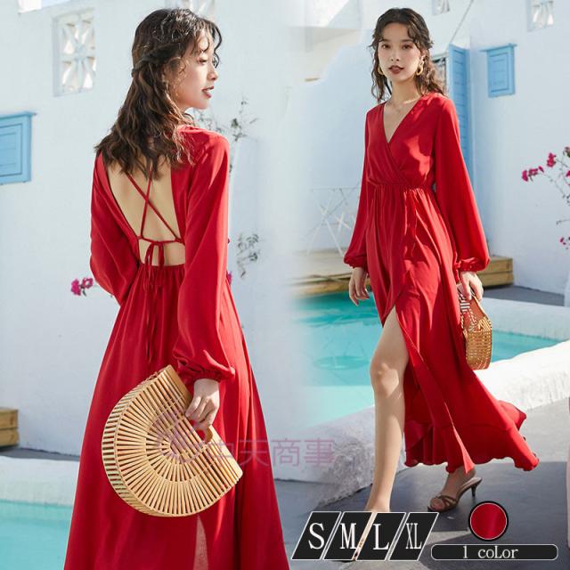 ワンピースバックレスワンピース 赤 無地シフォンファッワンピース スリット 不規則性 バルーンスリーブ Vネック 長袖 春夏 リゾート ハの通販はau Pay マーケット 中天商事