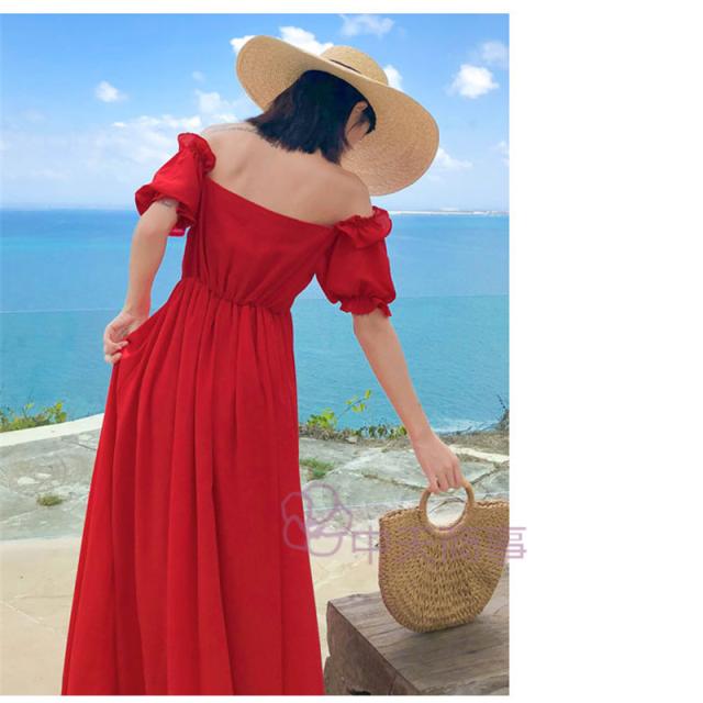 ワンピース オフショルダーワンピース 赤 無地 マキシワンピース オフショルダー肩出し ドレス バルーンスリーブ 半袖 フレア 夏物 二次の通販はau Pay マーケット 中天商事