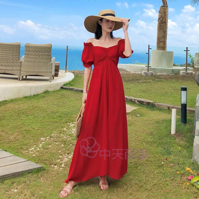 ワンピース オフショルダーワンピース 赤 無地 マキシワンピース オフショルダー肩出し ドレス バルーンスリーブ 半袖 フレア 夏物 二次の通販はau Pay マーケット 中天商事