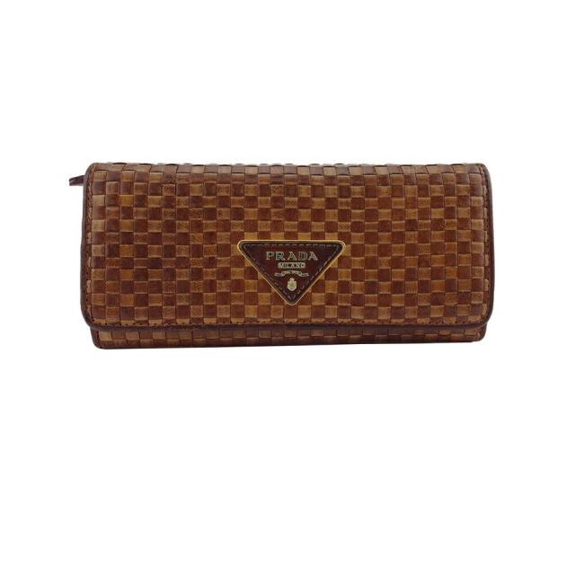 【BIGお買い物ラリー★30%OFFセール中】プラダ PRADA 長財布トライアングルロゴ 編み込み ブラウン ゴールド レディース 中古