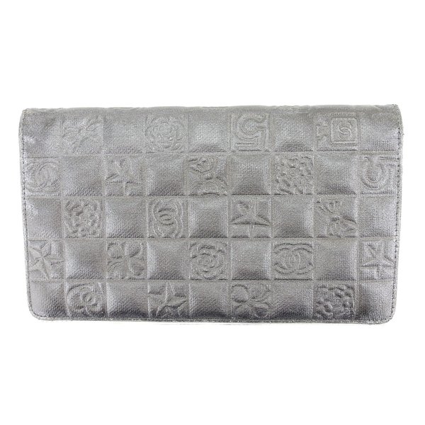 【週末セール★30％OFF】シャネル CHANEL 長財布アイコンシリーズ オールドシャネル グレー 灰色 シルバー ホワイト 白 レディース 中古_1