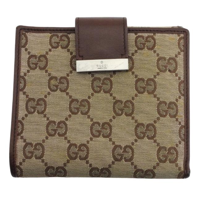 【BIGお買い物ラリー★30%OFFセール中】グッチ GUCCI 二つ折り財布GGキャンバス ロゴプレート ベージュ ブラウン レディース 中古