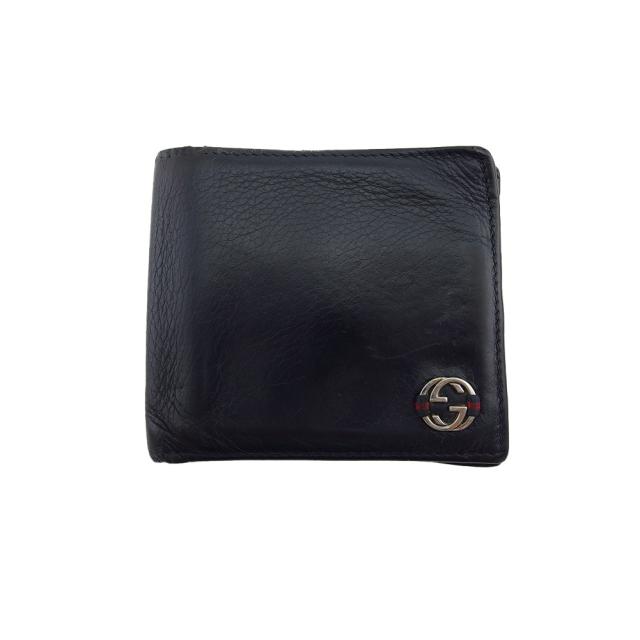 【BIGお買い物ラリー★30%OFFセール中】グッチ GUCCI 二つ折り財布インターロッキングG ダブルG ネイビー レッド レディース 中古