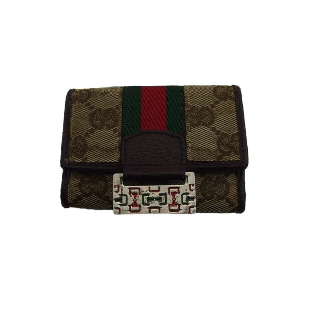 【BIGお買い物ラリー★30%OFFセール中】グッチ GUCCI キーケースGGキャンバス シェリーライン ベージュ ブラウン グリーン系 レディース 中古