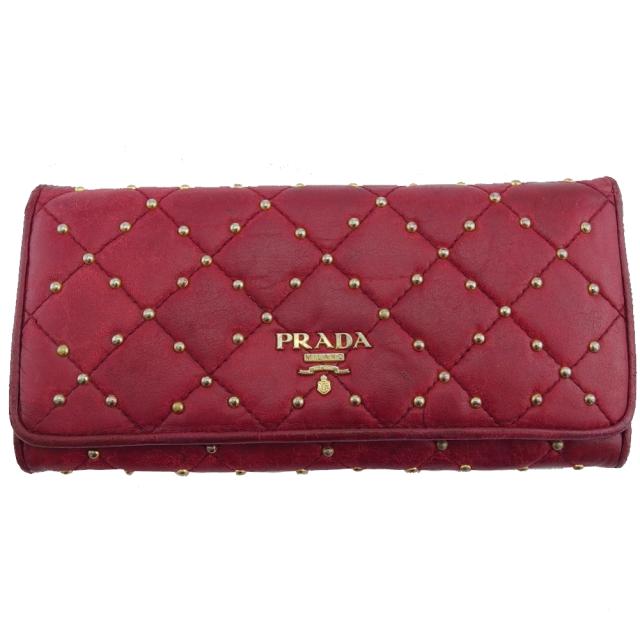 プラダ PRADA 長財布ロゴ キルティング スタッズ レッド ベージュ レディース 中古_10
