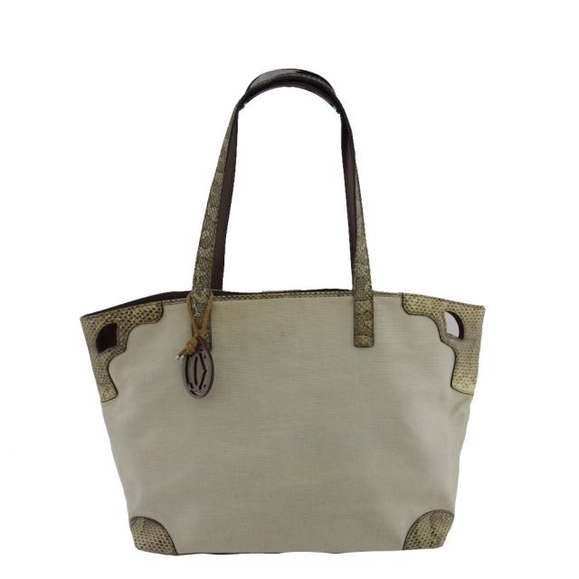 【BIGお買い物ラリー★30%OFFセール中】カルティエ CARTIER トートバッグマルチェロ パイソン切替え ベージュ ブラウン レディース 中古