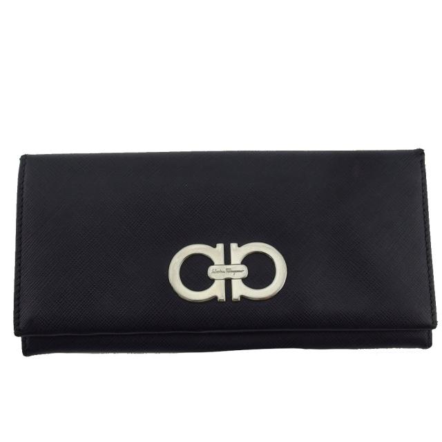 【BIGお買い物ラリー★30%OFFセール中】サルヴァトーレフェラガモ Salvatore Ferragamo 長財布ガンチーニ グレー 灰色 ブラック レディース 中古