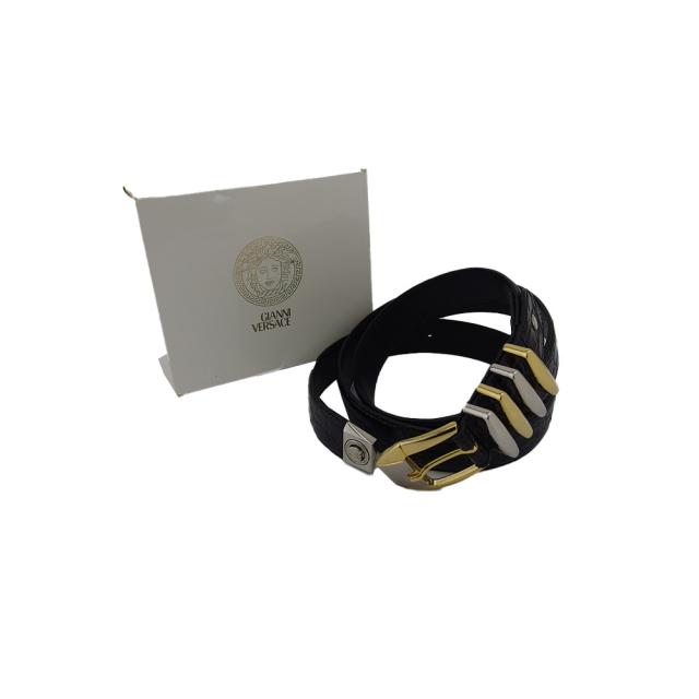 【X'masセール★30%OFF】ヴェルサーチ VERSACE ベルトクロコダイル型押し ブラック×ゴールド×シルバー レディース 中古