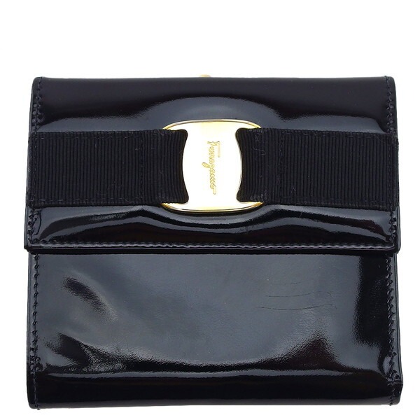 【X'masセール★30%OFF】サルヴァトーレフェラガモ Salvatore Ferragamo 二つ折り財布ヴァラ金具 ブラック ゴールド レディース 中古