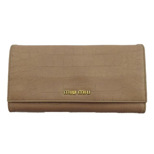 【BIGお買い物ラリー★30%OFFセール中】ミュウミュウ MIUMIU 長財布クロコダイル調 ロゴ入り ピンクベージュ×ゴールド レディース 中古