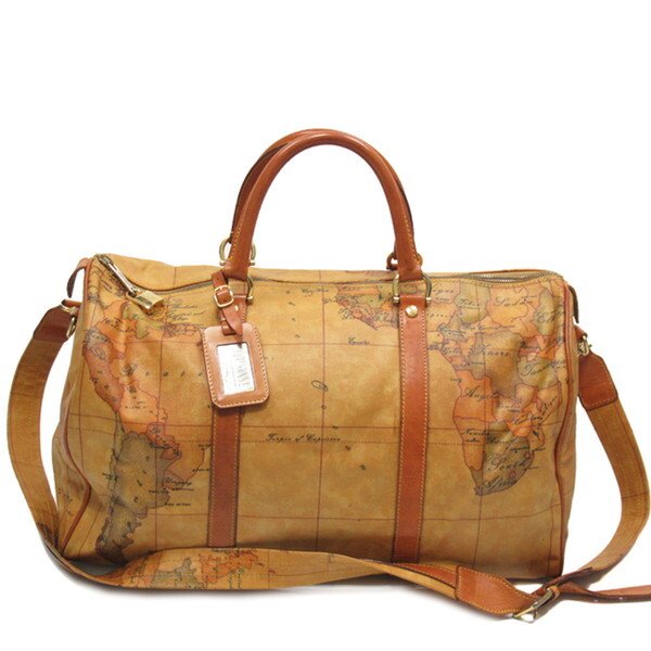 【BIGお買い物ラリー★30%OFFセール中】プリマクラッセ PRIMA CLASSE ボストンバッグ地図柄 2WAYショルダー ベージュ ブラウン系 レディース 中古