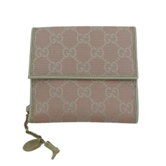 【BIGお買い物ラリー★30%OFFセール中】グッチ GUCCI 二つ折り財布GG柄 長靴チャーム付き オフホワイト×ピンク レディース 中古