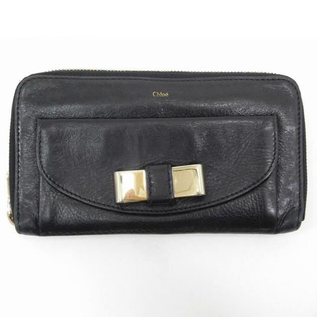【BIGお買い物ラリー★30%OFFセール中】クロエ Chloe 長財布ロゴ×リボン リリィ ブラック系 レディース 中古