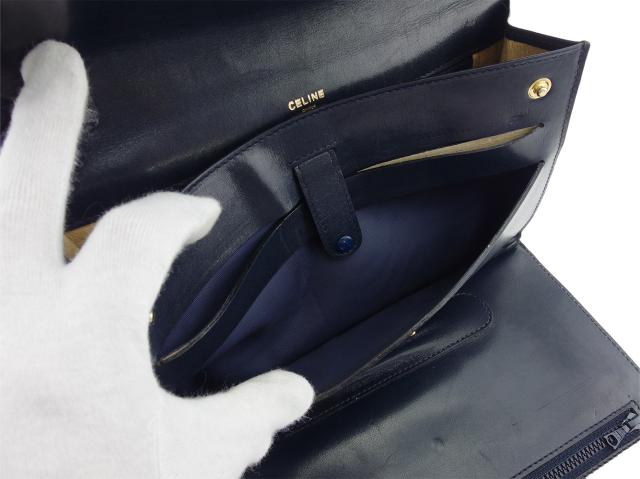 【30％OFF★土日ひと休み大売り出し】セリーヌ CELINE クラッチバッグマカダム 米国海軍×ベージュ×ゴールド レディース 中古
