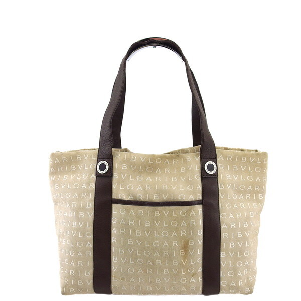 【BIGお買い物ラリー★30%OFFセール中】ブルガリ BVLGARI トートバッグロゴマニア ベージュ ブラウン レディース 中古