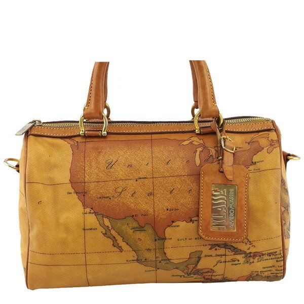 【BIGお買い物ラリー★30%OFFセール中】プリマクラッセ PRIMA CLASSE ハンドバッグ地図柄 セピア×ゴールド レディース 中古