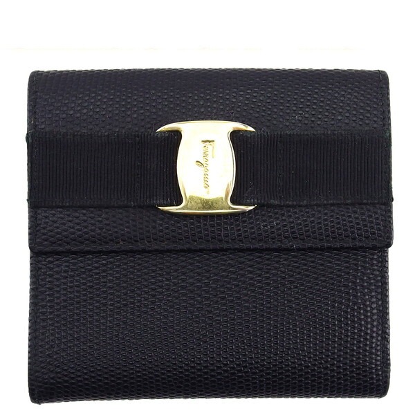 【BIGお買い物ラリー★30%OFFセール中】サルヴァトーレフェラガモ Salvatore Ferragamo 二つ折り財布ヴァラ金具 NERO レディース 中古