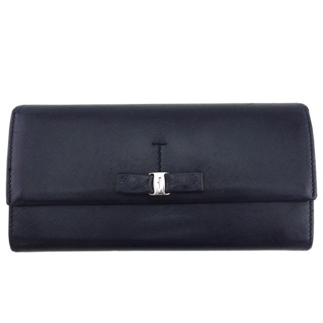 【BIGお買い物ラリー★30%OFFセール中】サルヴァトーレフェラガモ Salvatore Ferragamo 長財布ヴァラリボン ネイビー ブラック レディース 中古