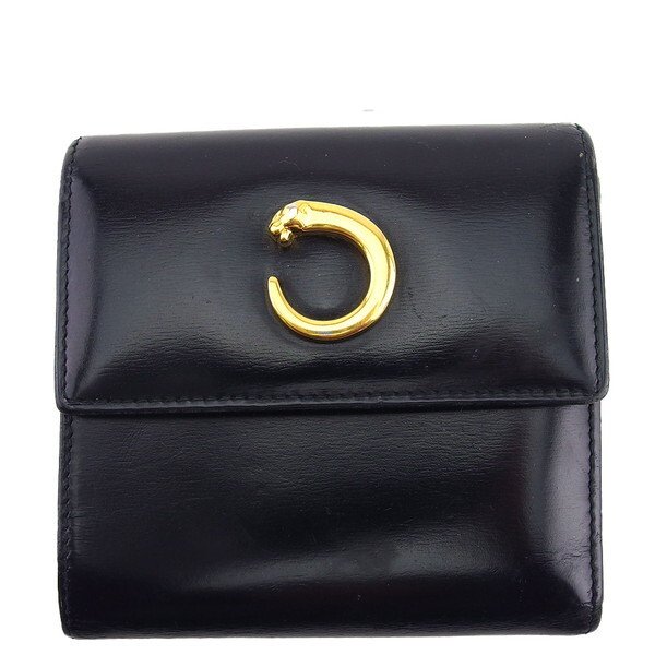 【BIGお買い物ラリー★30%OFFセール中】カルティエ CARTIER 三つ折り財布パンテール ブラック×ゴールド レディース 中古
