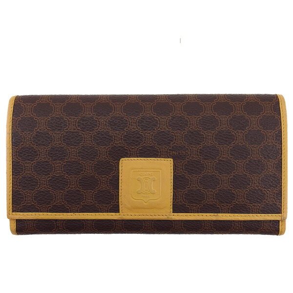 セリーヌ CELINE 二つ折り財布マカダム ダークブラウン×ベージュ×ゴールド レディース 中古