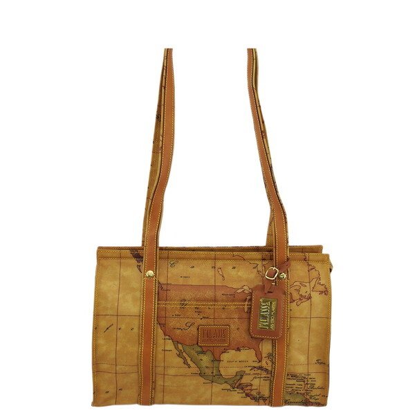 【BIGお買い物ラリー★30%OFFセール中】プリマクラッセ PRIMA CLASSE ショルダーバッグ地図柄 セピア×ゴールド レディース 中古