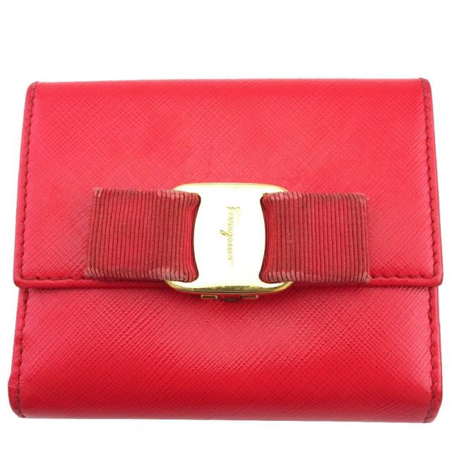 【BIGお買い物ラリー★30%OFFセール中】サルヴァトーレフェラガモ Salvatore Ferragamo 二つ折り財布ヴァラ金具 レッド×ゴールド レディース 中古