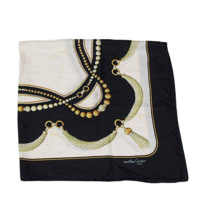 【X'masセール★30%OFF】カルティエ CARTIER スカーフプリント 柄 ブラック ベージュ系 レディース 中古