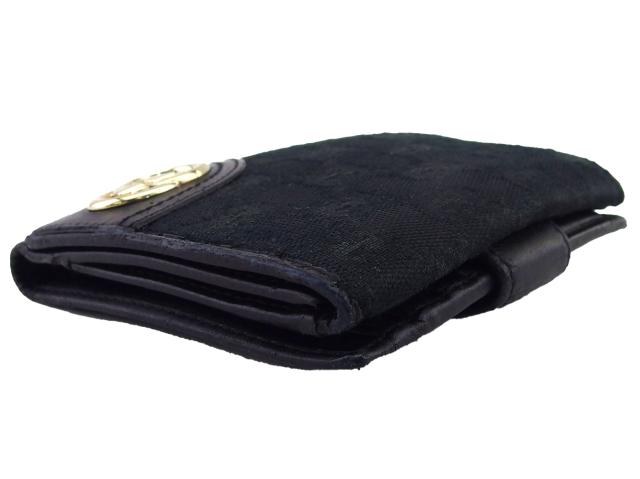 美品　GUCCI グッチ　三つ折り財布　レザー　ブラック　ゴールド金具 グッチ GUCCI 三つ折り財布 GG柄 ブラック×ゴールド レディース