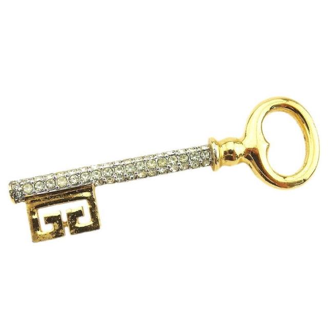 【週末タイムセール】ジバンシィ GIVENCHY ブローチ鍵 キー モチーフ ラインストーン付き ゴールド レディース 中古